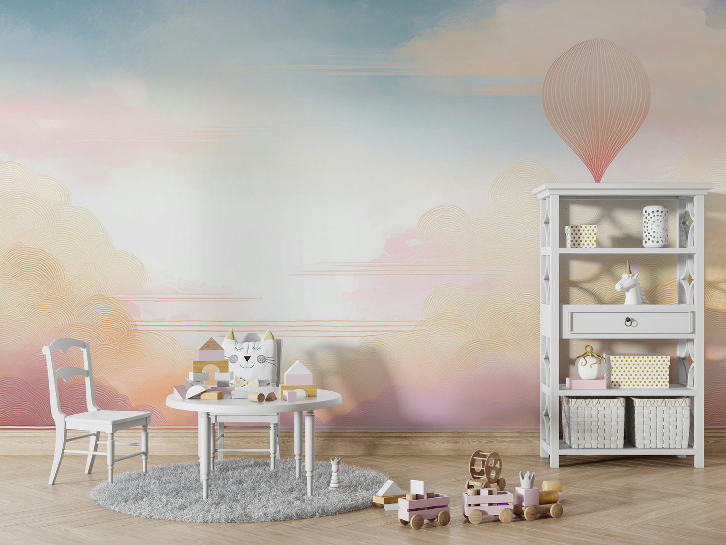 Minimalist wall decor featuring fluffy clouds for a child's bedroom.