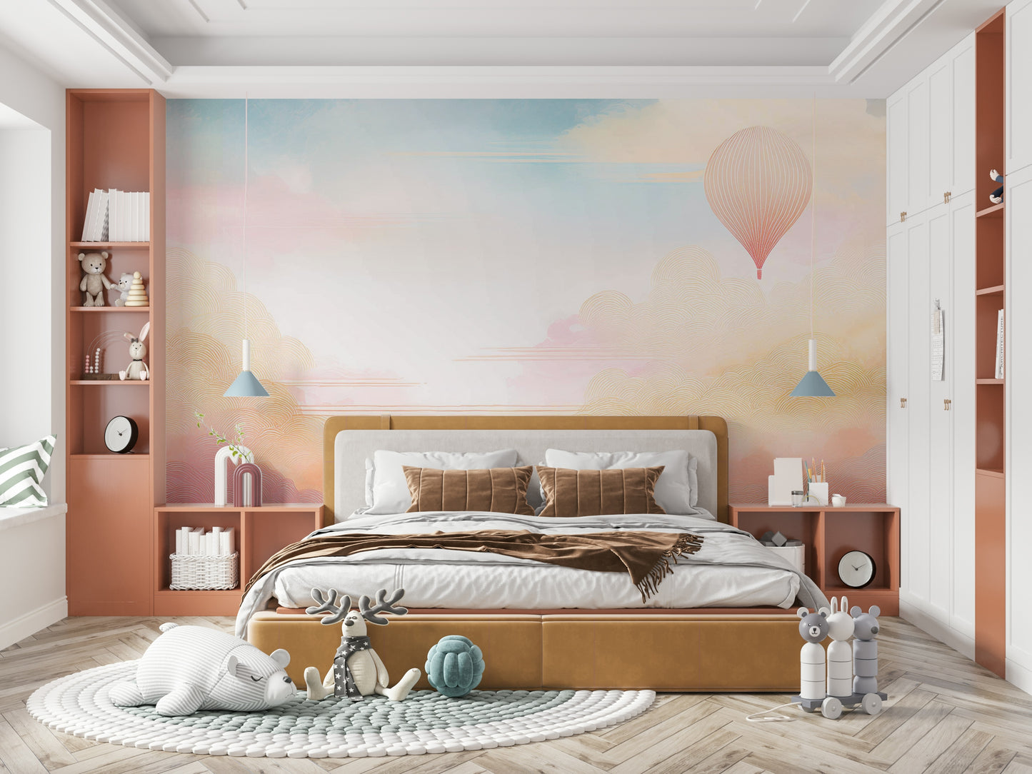 Large scale sky mural behind a gray sofa in a modern apartment.
