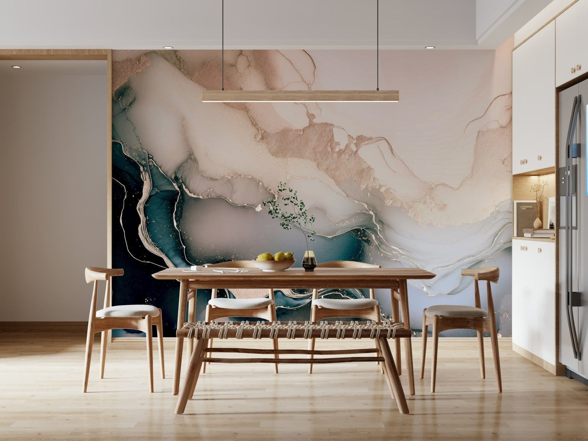 Abstract wall mural featuring soft mineral gradients in pink, ivory, and gold for refined interiors.