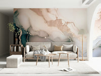 Artistic marble-effect mural blending rose gold accents with mineral textures for timeless sophistication.