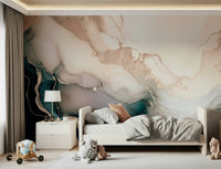 Dreamy Mineral Layers design mural combining natural marble textures and metallic rose gold veining.