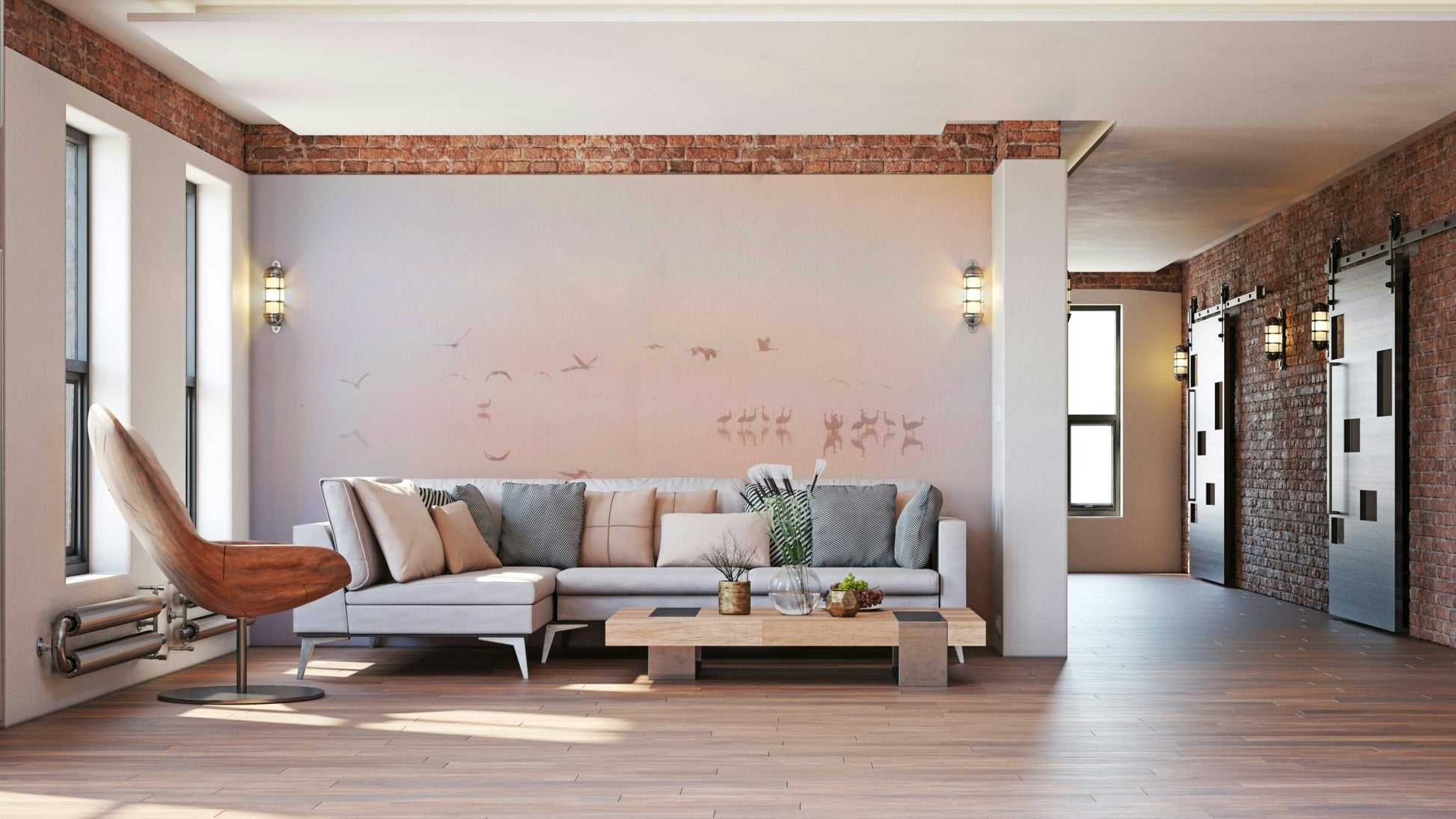 Graceful cranes are depicted in flight or standing.
