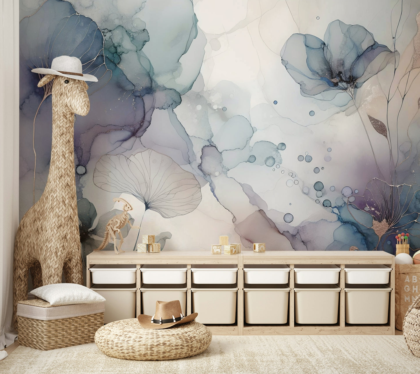 Artistic petal illustration in a contemporary studio apartment.