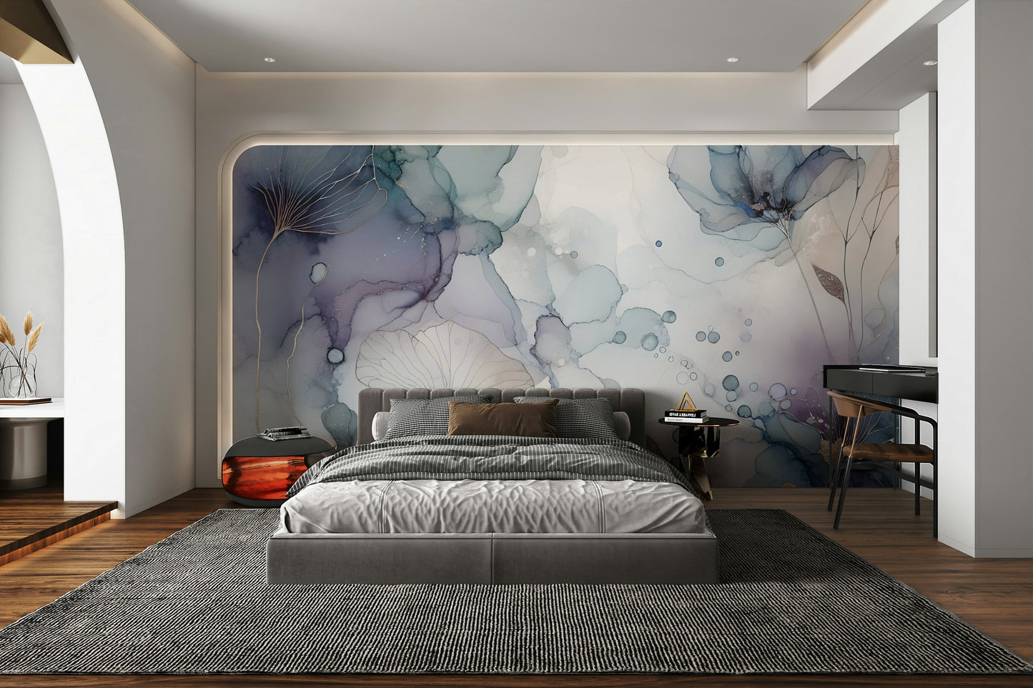 Large scale floral mural behind a cream sofa in a modern apartment.