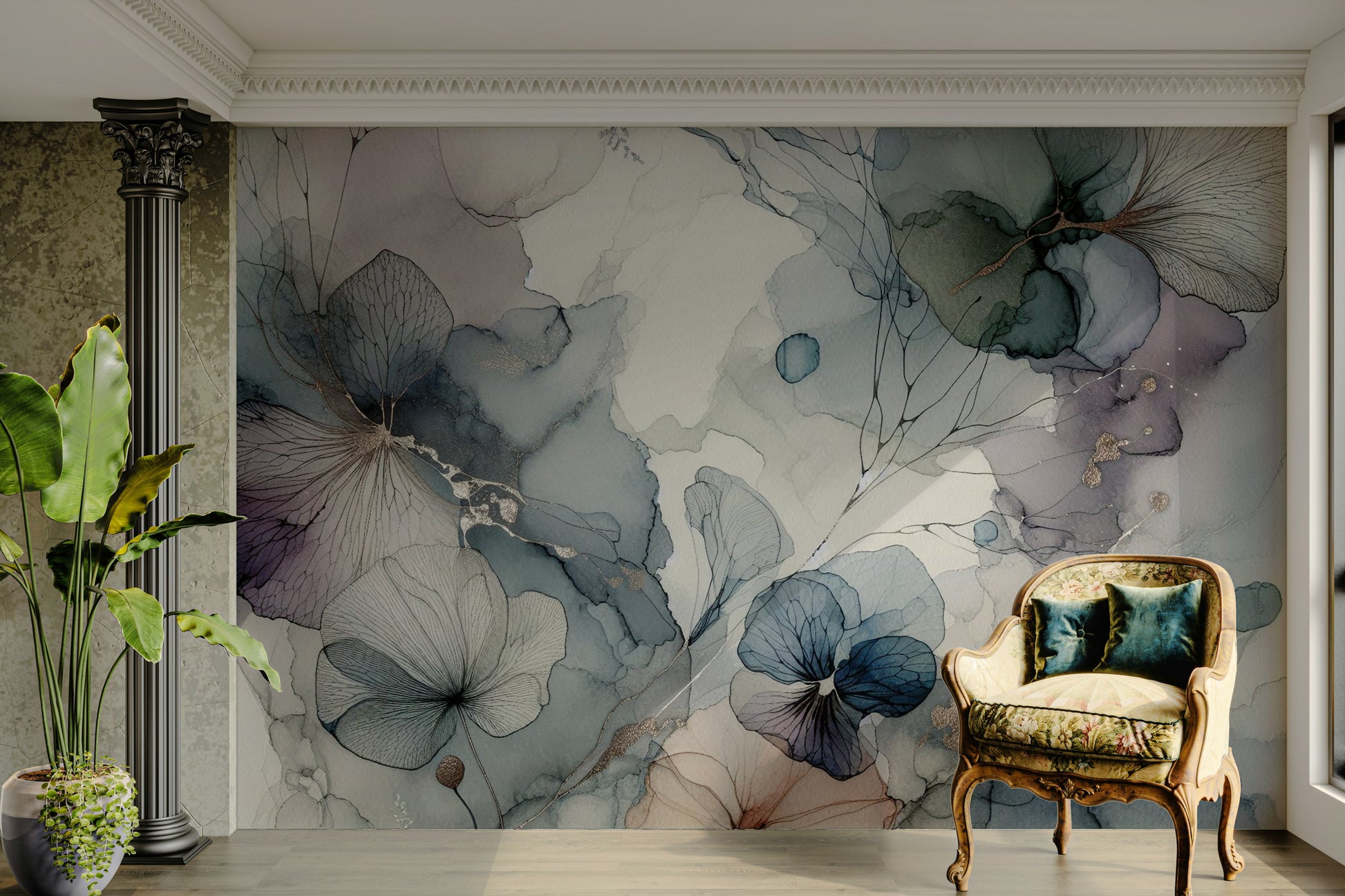 Elegant petal wallpaper for a peaceful master bedroom feature wall.