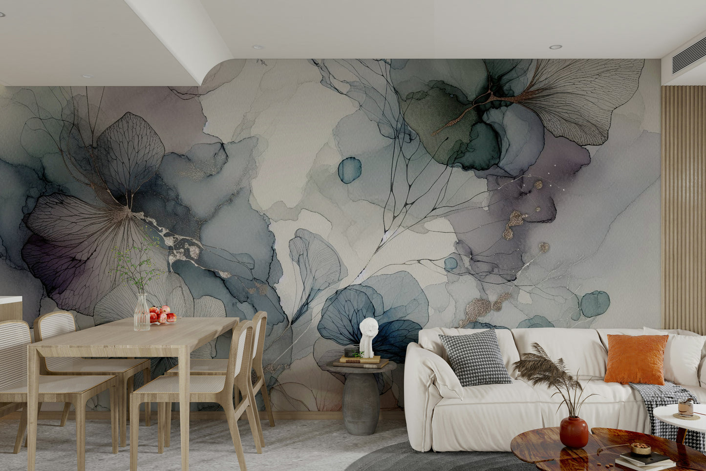 Large scale floral mural behind a light gray sofa in an apartment.