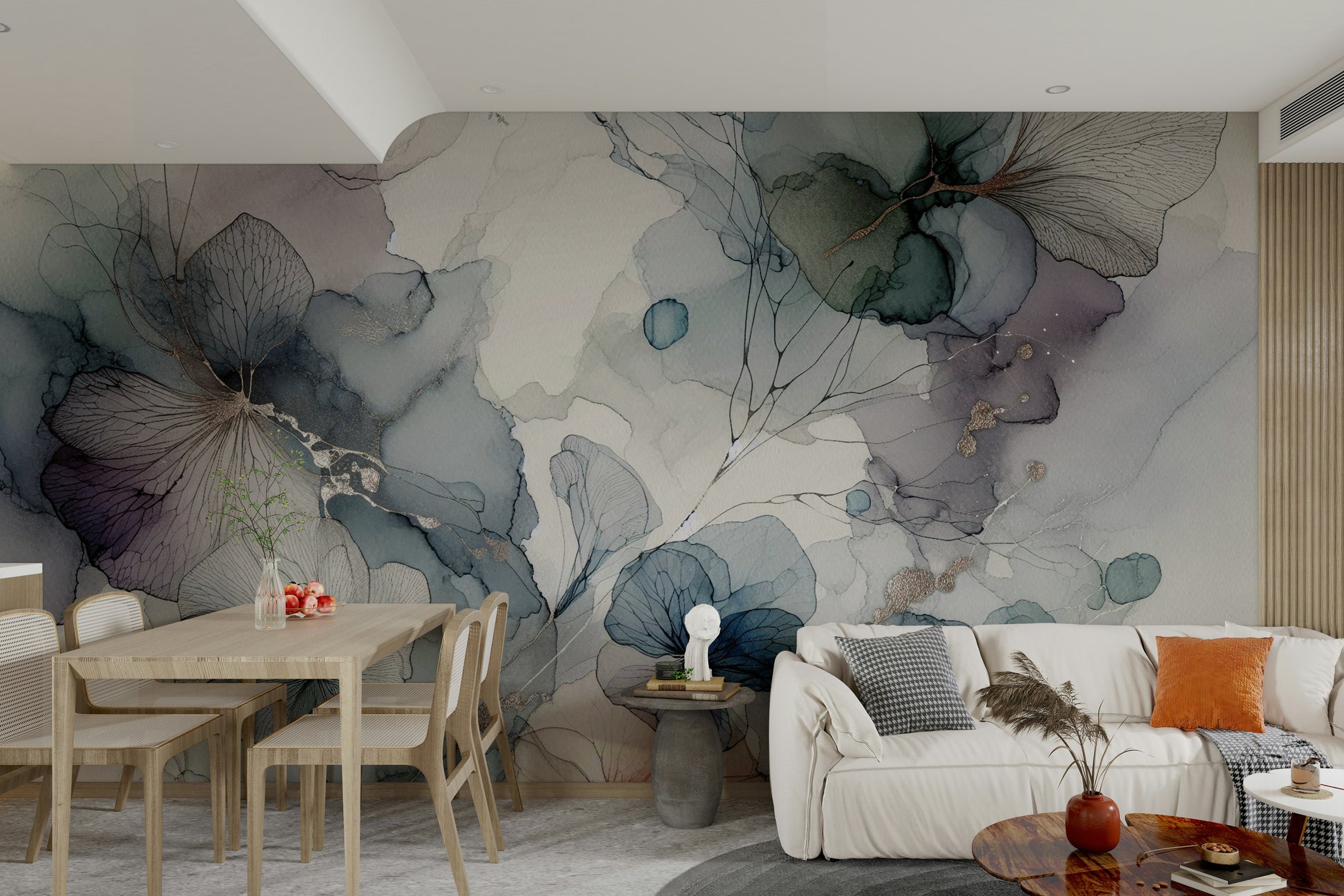Large scale floral mural behind a light gray sofa in an apartment.