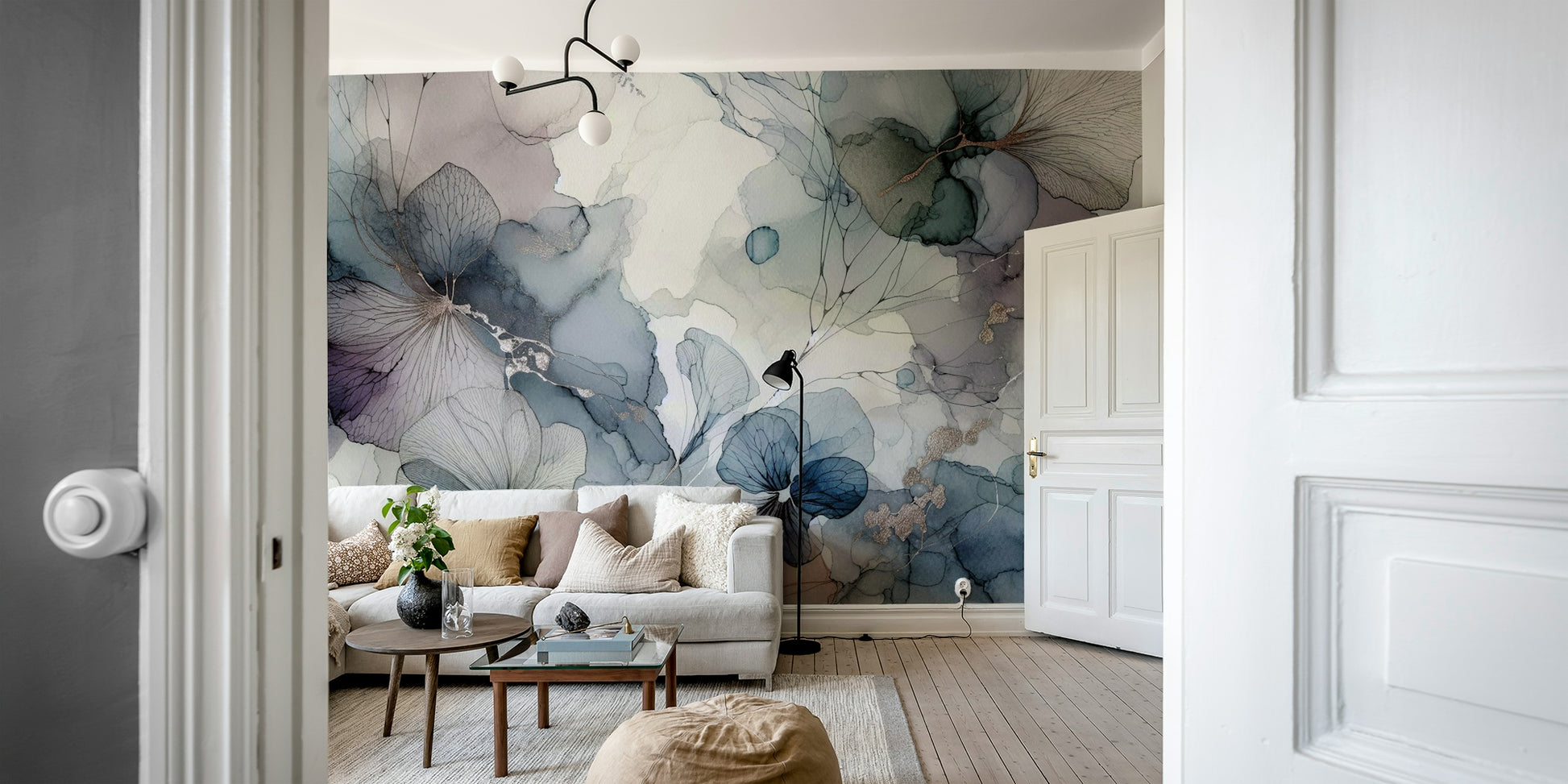 Dreamy Petals Wall Mural in a home office with a minimalist desk.