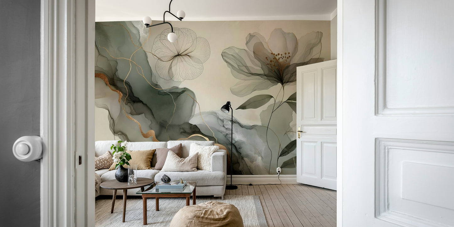 Calm mural wallpaper with leafy garden shapes

