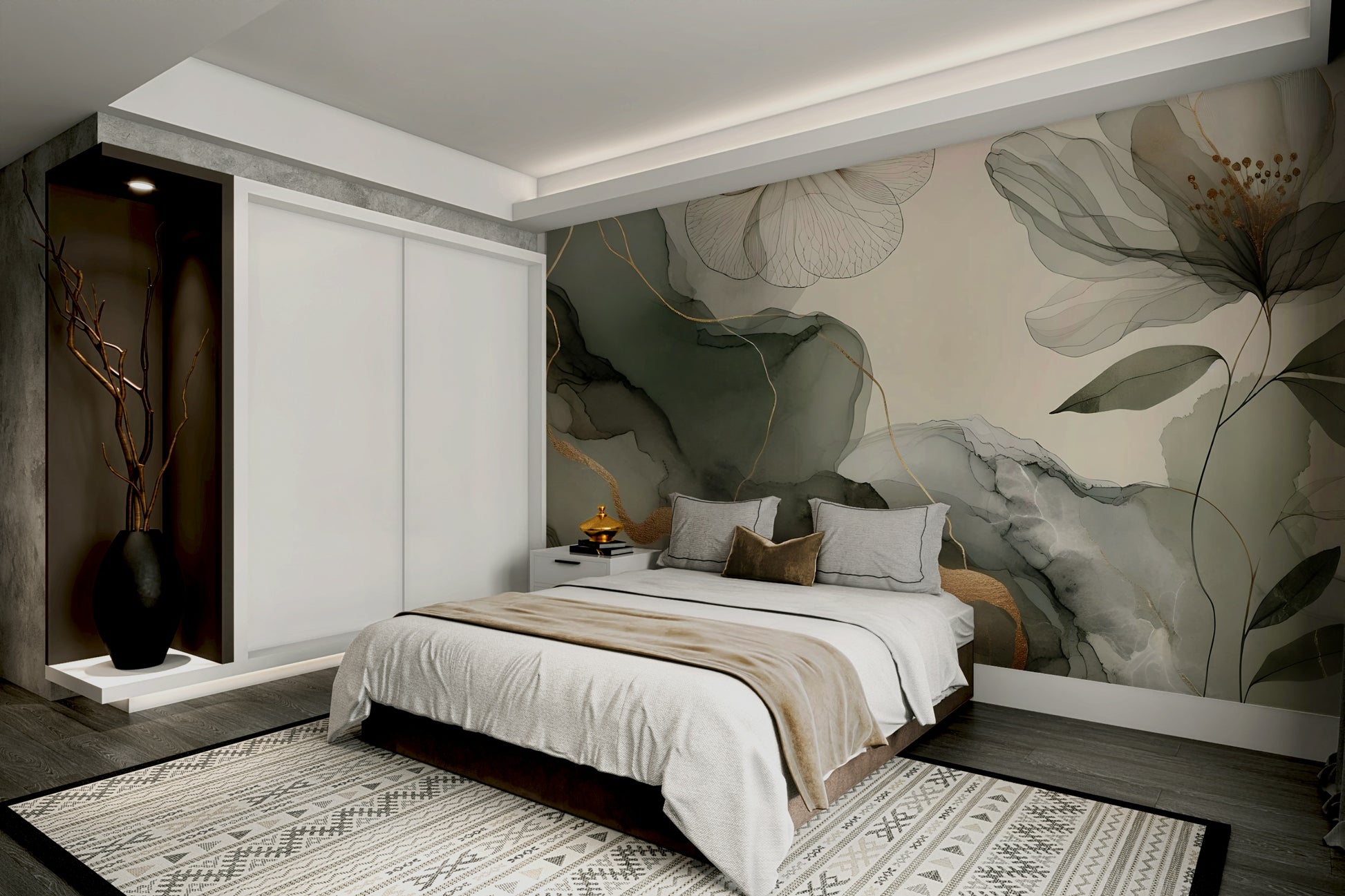 Gentle greenery mural in natural sage tones


