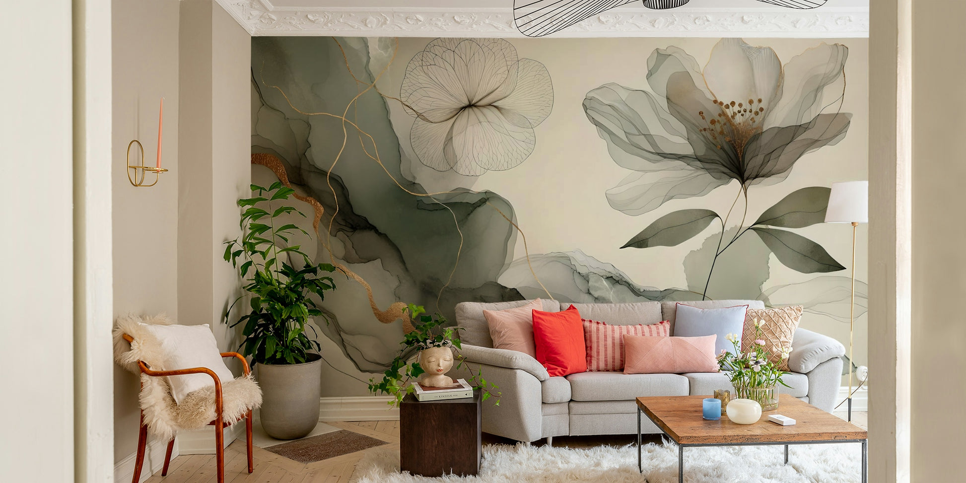 Mural wallpaper showing quiet garden foliage

