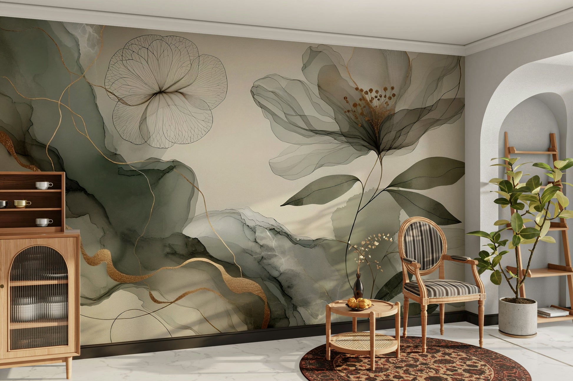 Watercolor-style wallpaper in sage and cream tones

