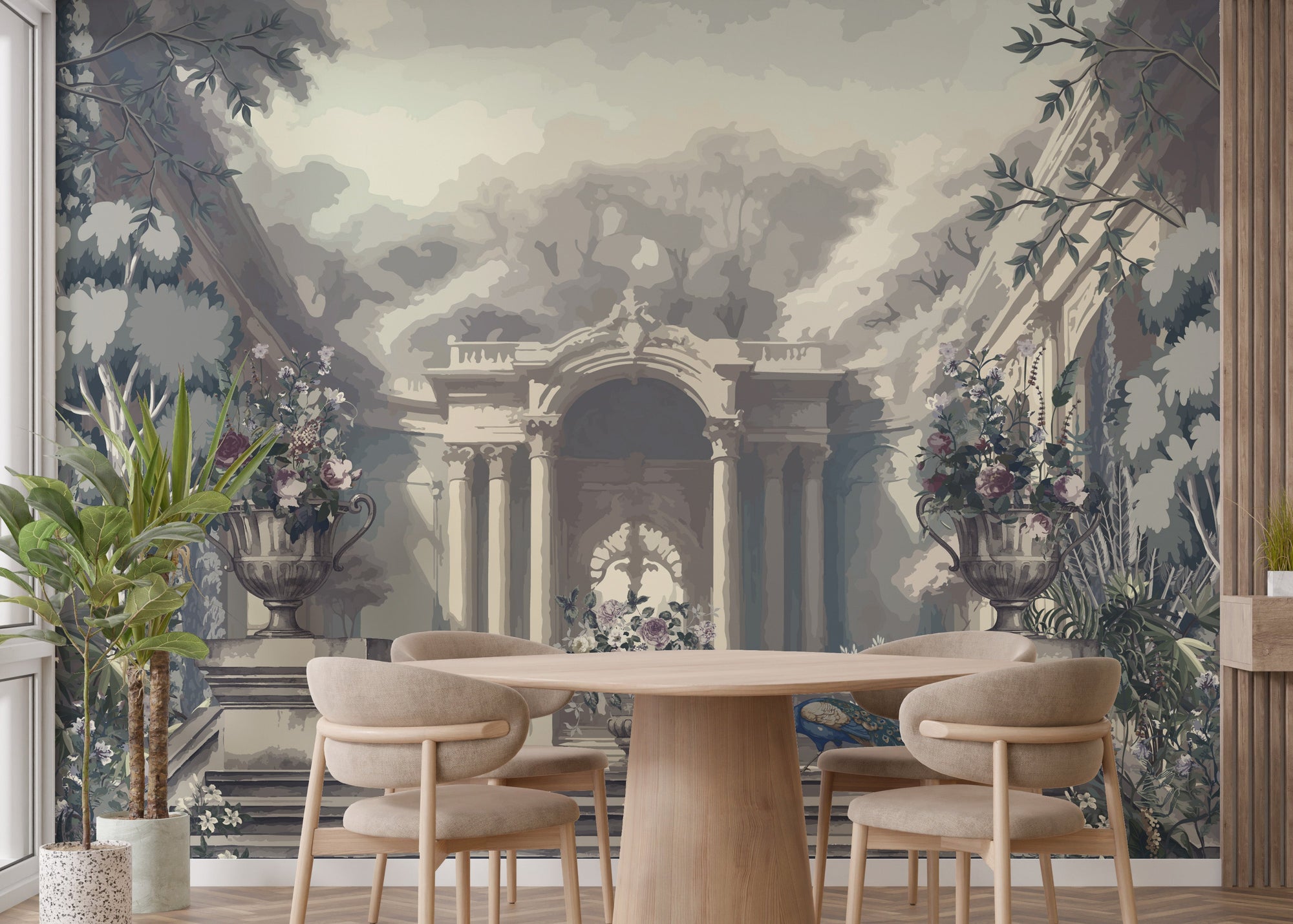 A Dreamy Skyline Tropical Trees wallpaper mural shown as a full feature wall that highlights the design