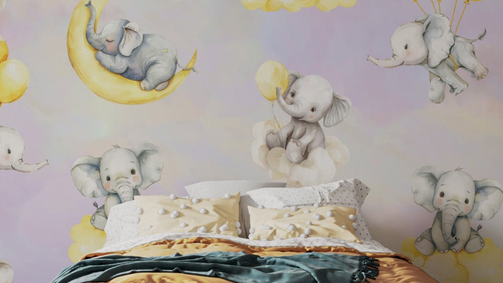 Adorable baby elephants resting on clouds and moons in pastel skies.