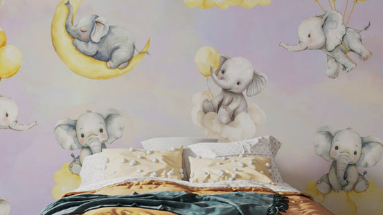 Adorable baby elephants resting on clouds and moons in pastel skies.