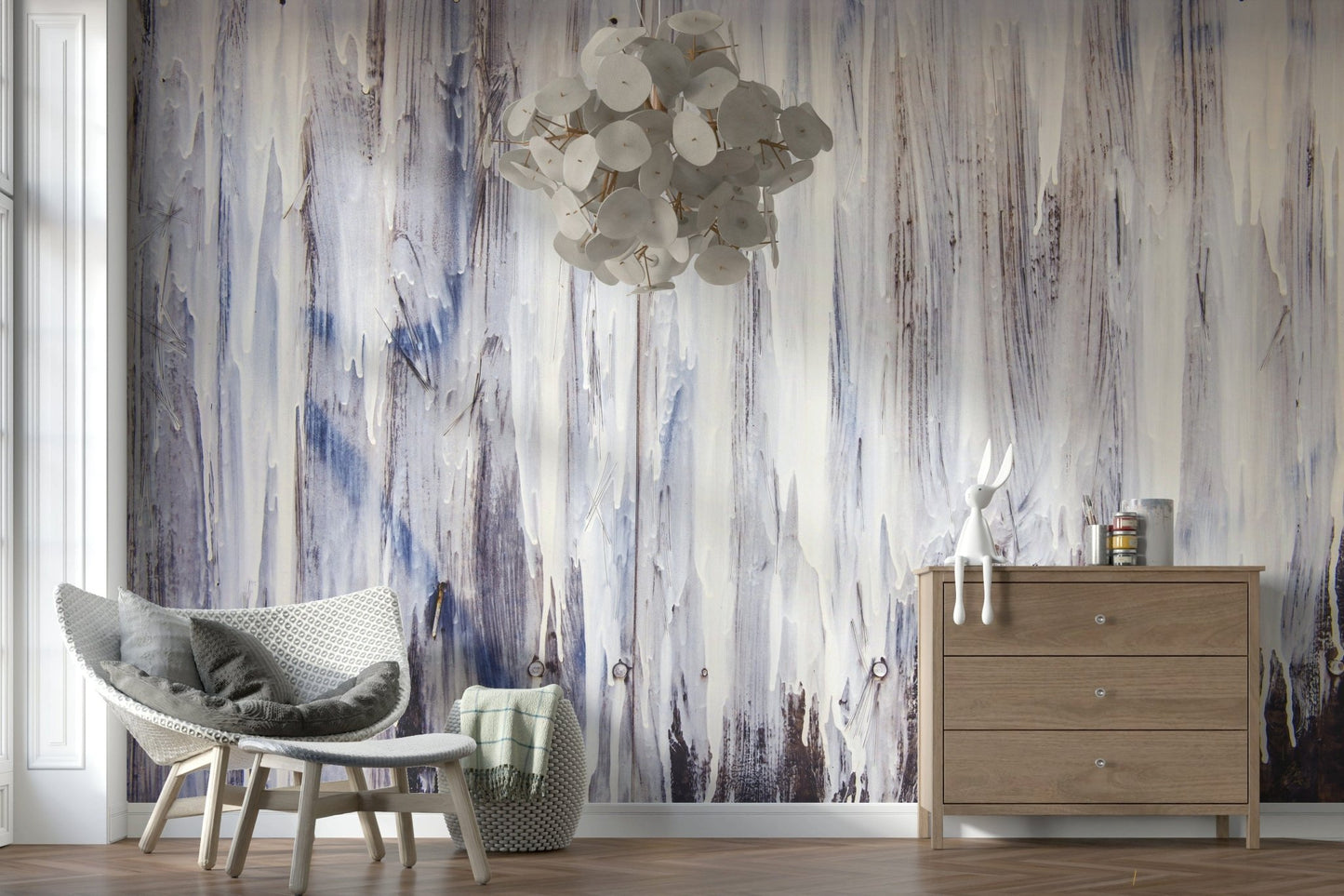 Dripping Serenity Wall Mural featuring cascading abstract paint drips in calming, muted tones for tranquil interiors.