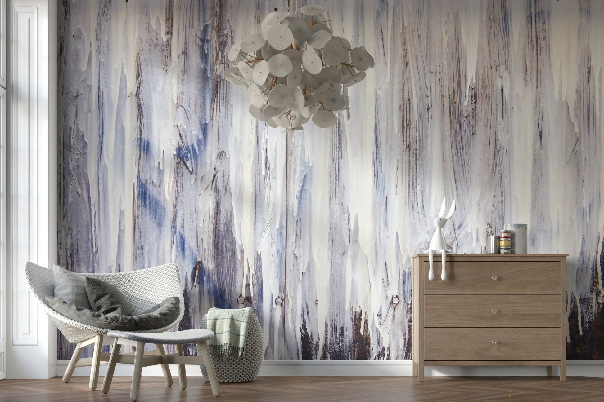 Dripping Serenity Wall Mural featuring cascading abstract paint drips in calming, muted tones for tranquil interiors.