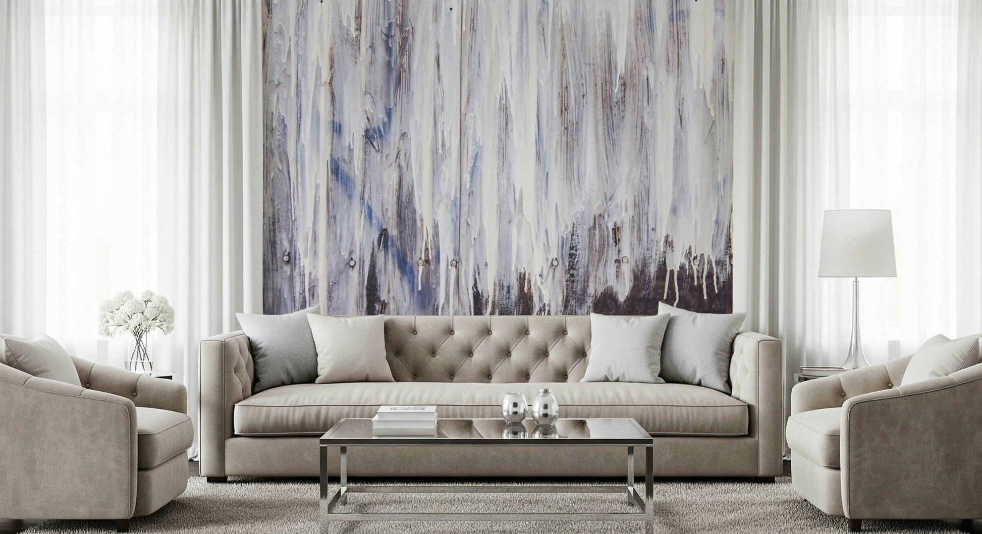 Decorative wall mural blending abstract dripping effects with soothing shades for modern, calm décor.
