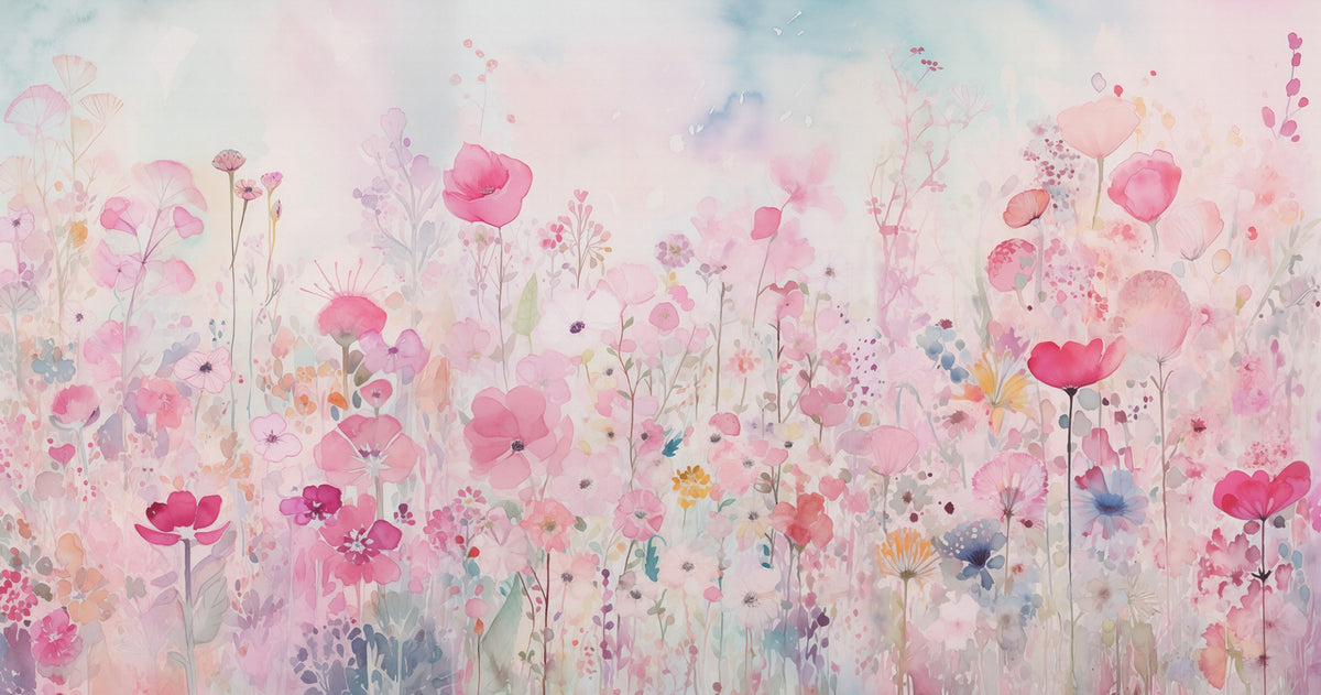 Watercolor Happy Flowers Pink Color Wallpaper in your room
