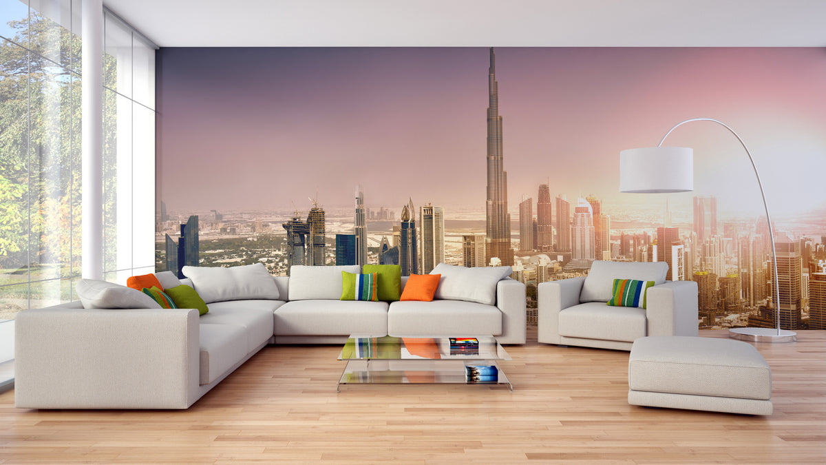Dubai Downtown at Sunset wallpaper mural with the Burj Khalifa behind a white sectional sofa in a living room