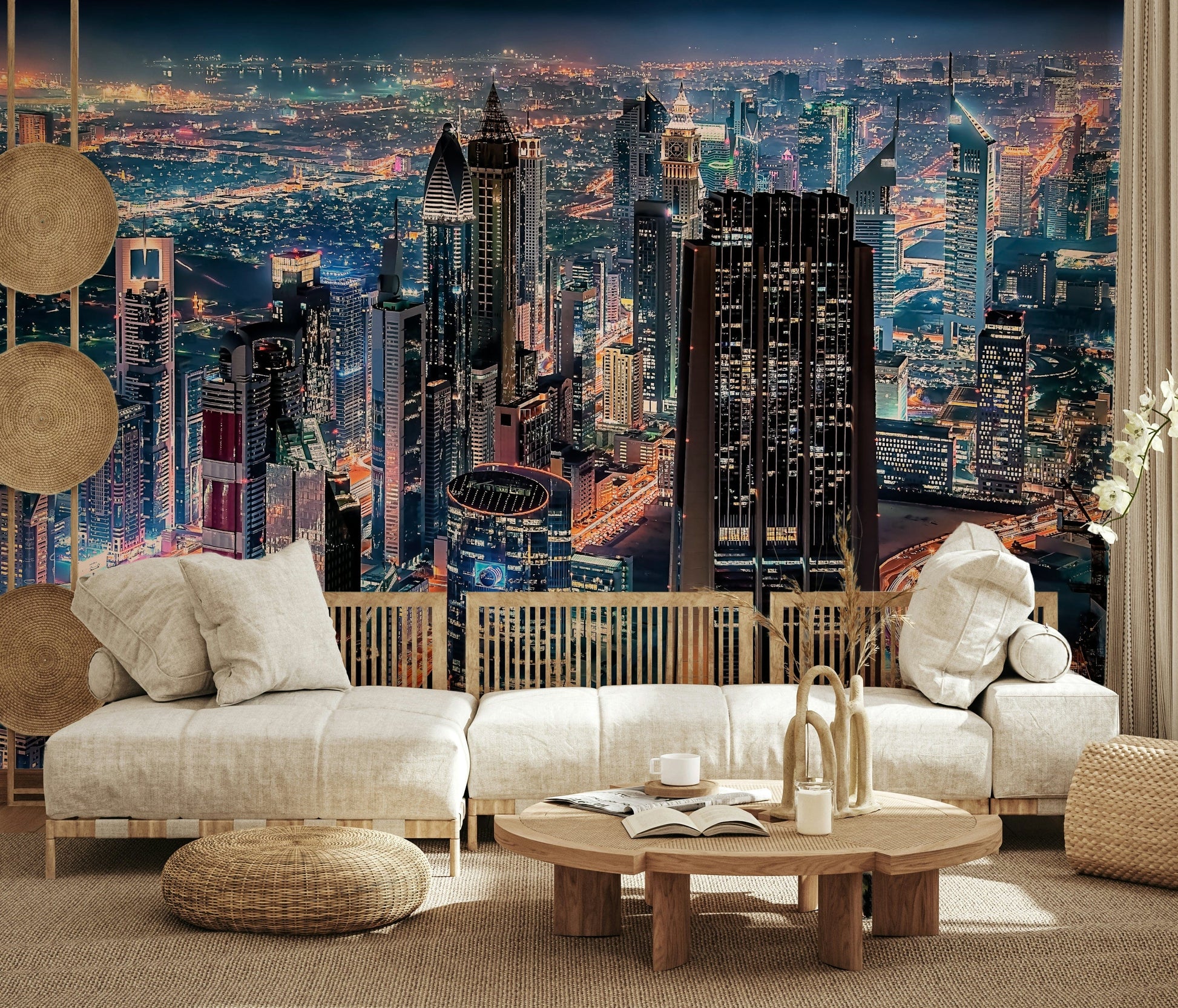 Lounge room TV wall with Dubai night skyline, deep blue and golden glow