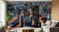 Dining room backdrop with Dubai skyline wallpaper, rich colour and detail