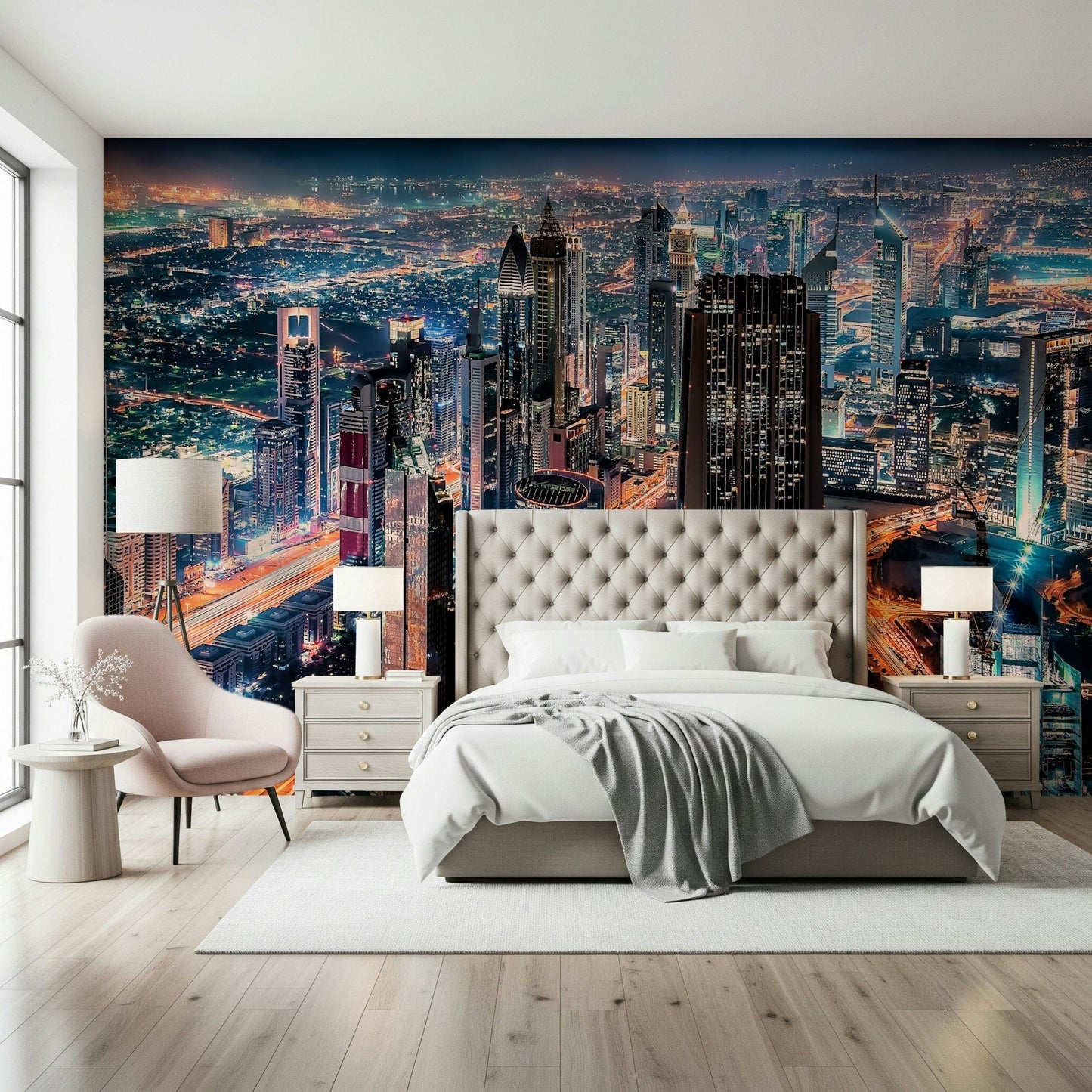 Dubai skyline at night mural for bedroom feature wall, dark blue tones