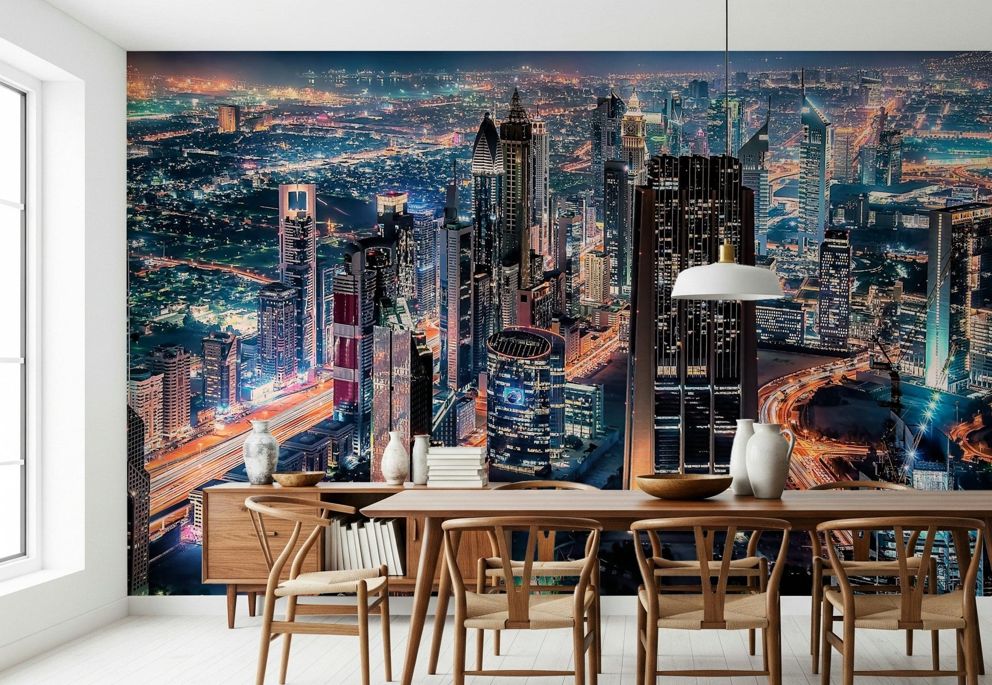 Modern apartment-style interior with Dubai night wallpaper, skyline panorama