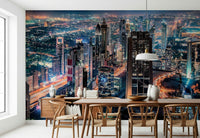 Modern apartment-style interior with Dubai night wallpaper, skyline panorama