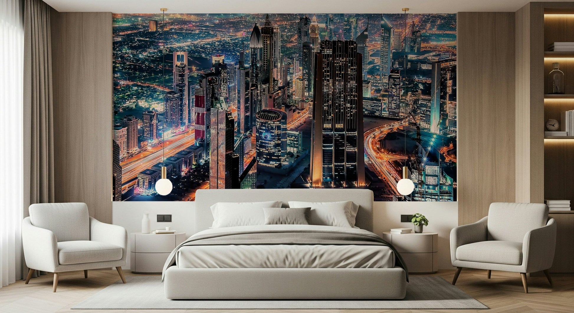 Home office wall with Dubai night mural, clean city lights and modern style