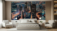 Home office wall with Dubai night mural, clean city lights and modern style