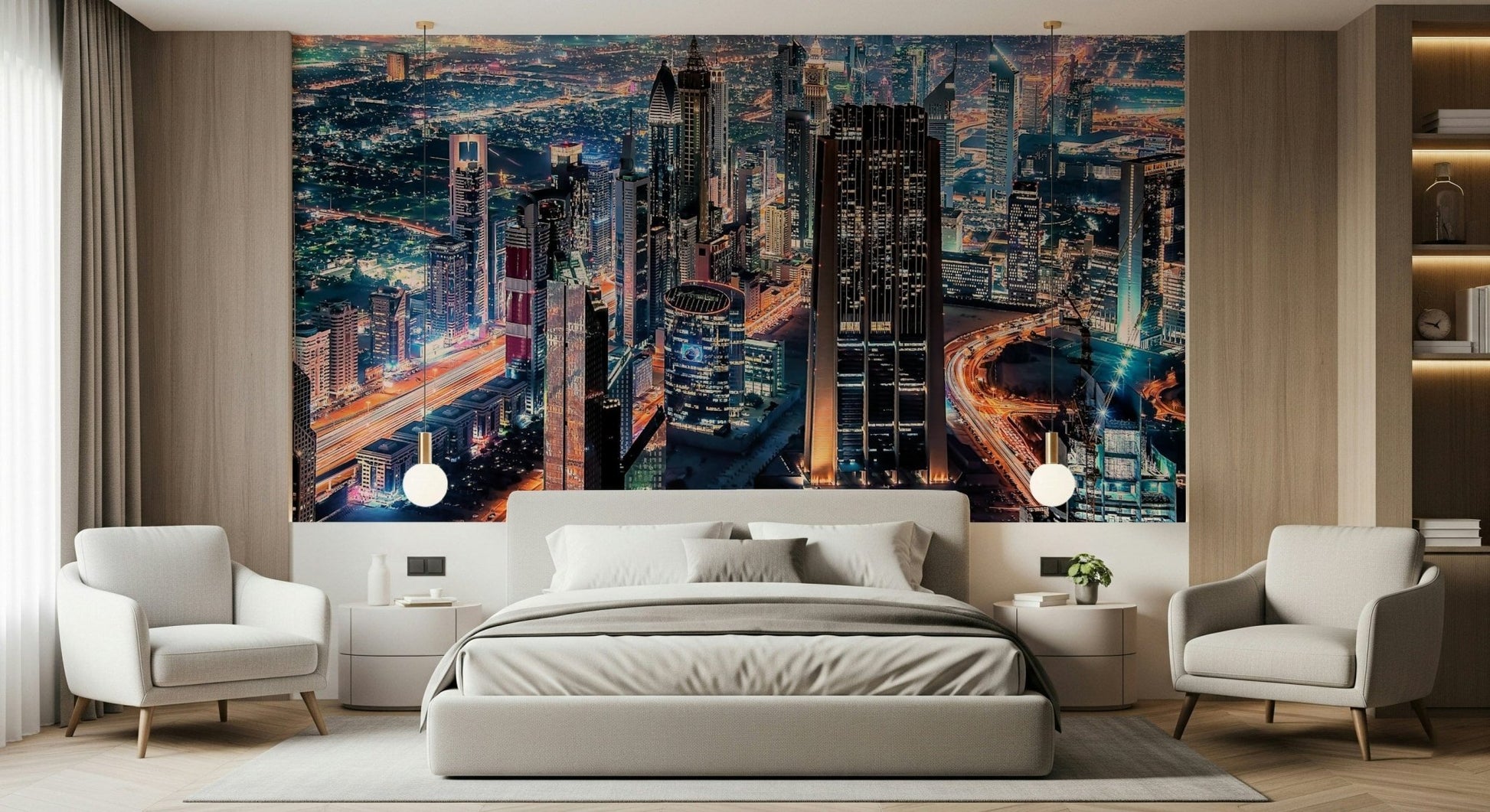 Home office wall with Dubai night mural, clean city lights and modern style