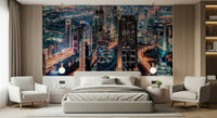 Home office wall with Dubai night mural, clean city lights and modern style