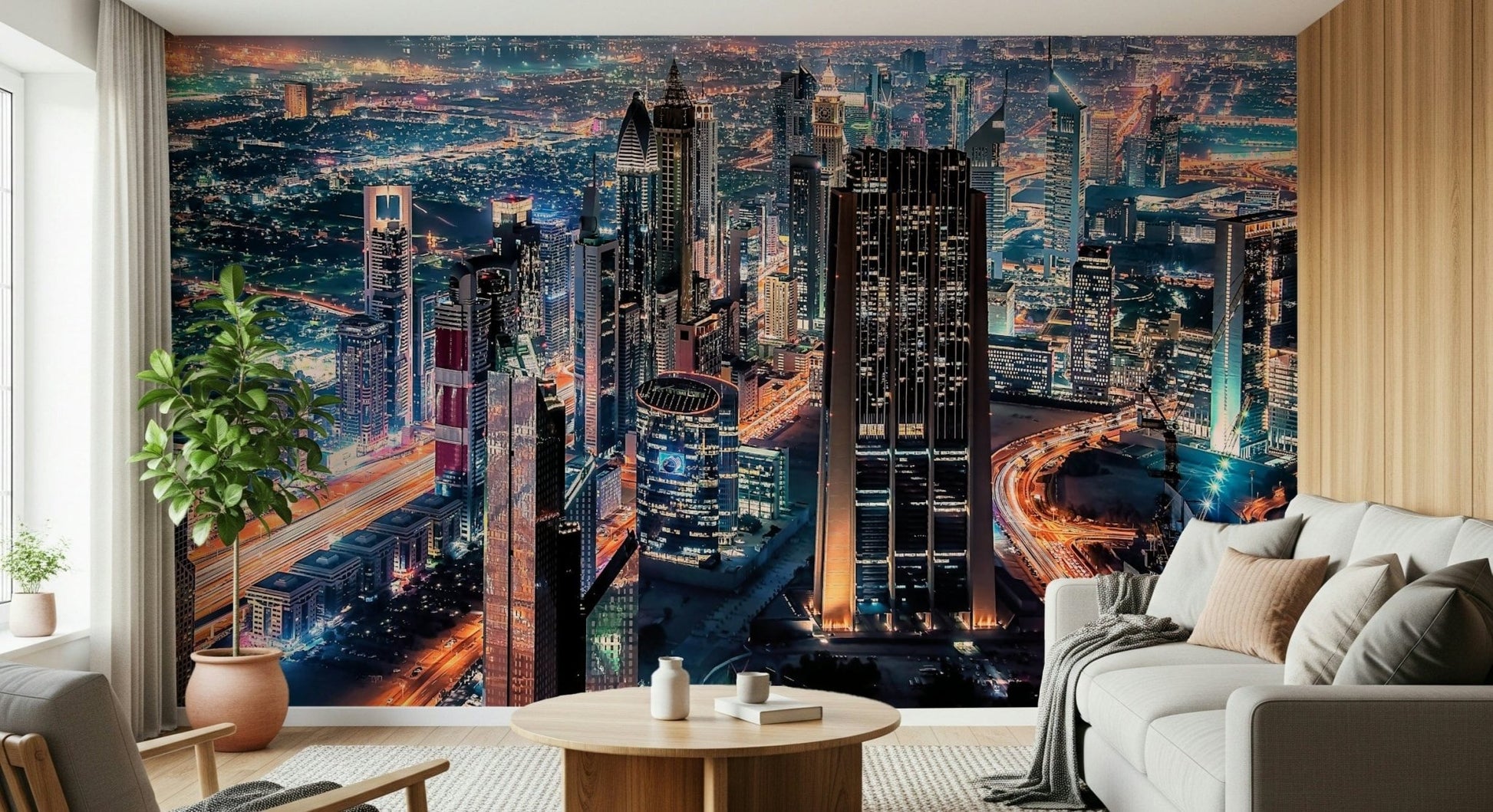 Dining room backdrop with Dubai skyline wallpaper, rich colour and detail