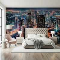 Dubai skyline at night mural for bedroom feature wall, dark blue tones