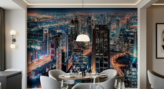 Night skyline wallpaper behind sofa, navy and warm lights, contemporary look