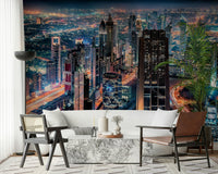 Entryway feature wall with Dubai Nights mural, sleek urban home styling