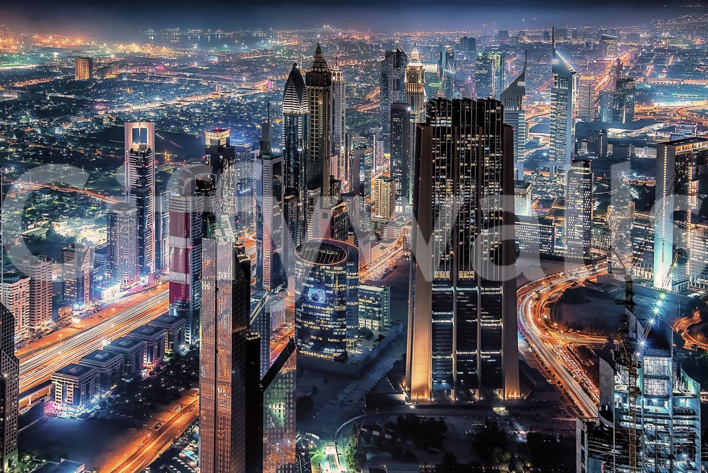 Office reception wall with Dubai night city mural, crisp skyline design