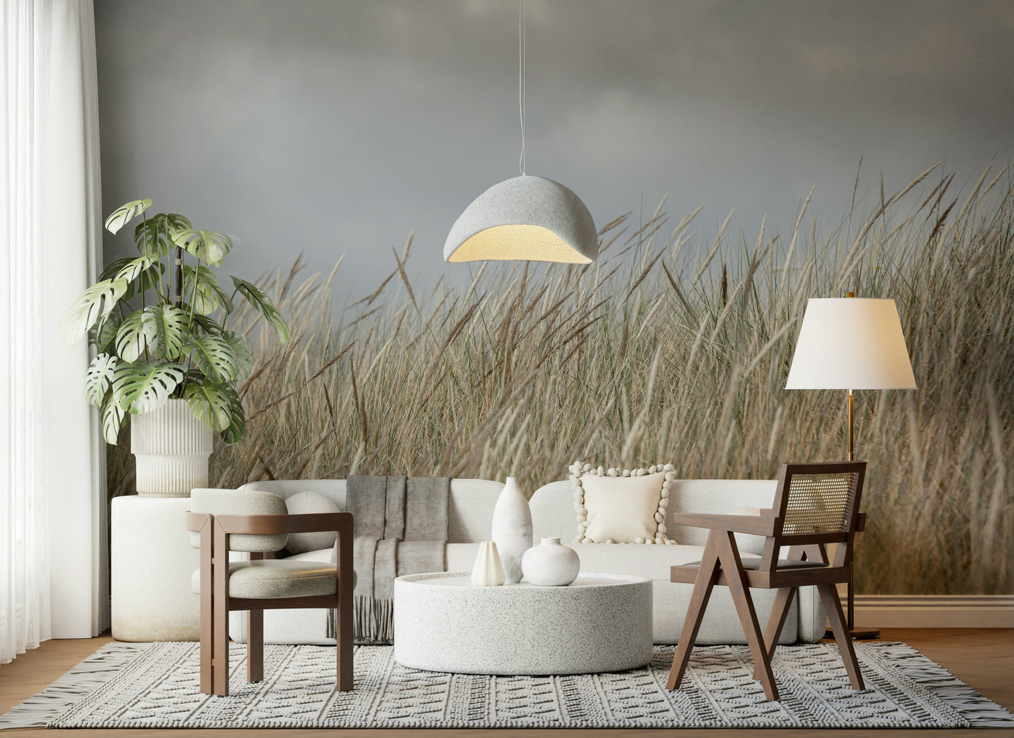 Soft wispy hay stems detailed in Woodland Dune Grass wallpaper design.