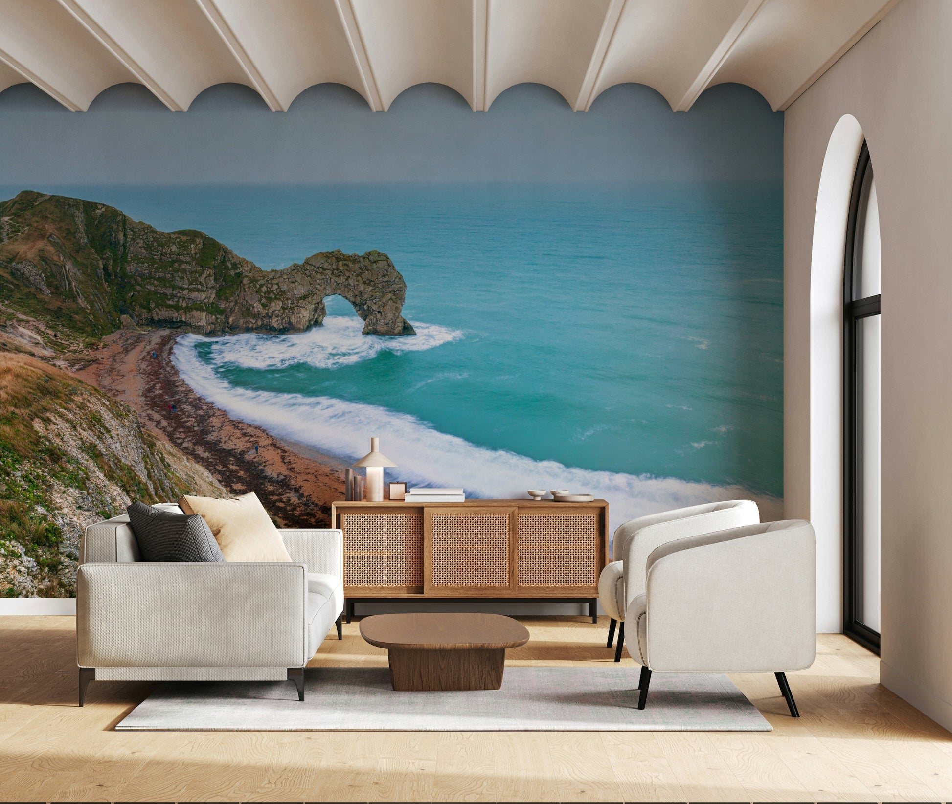 Bright coastal landscape wall mural in a spacious master bedroom