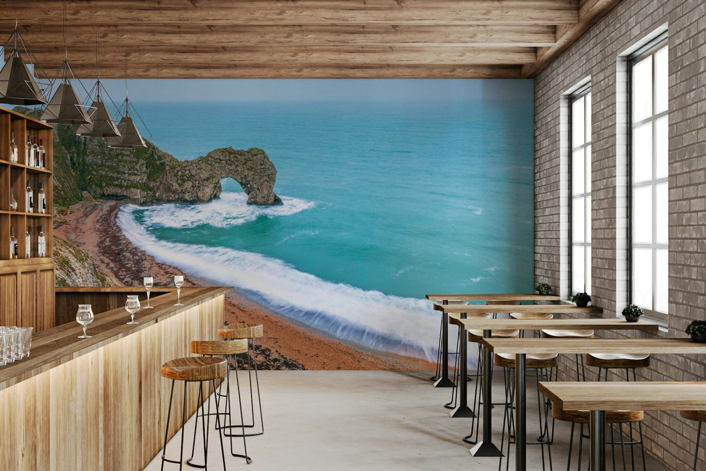 Serene water view wall mural for a relaxing bathroom setting