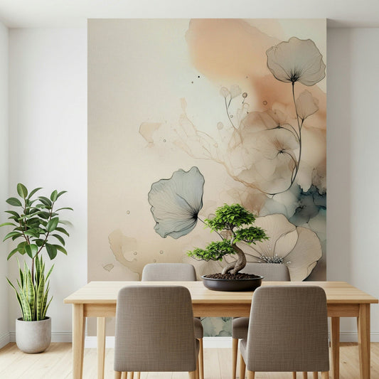 Dusky Ink Petals wallpaper mural behind a wood dining table with a bonsai tree and tall snake plant