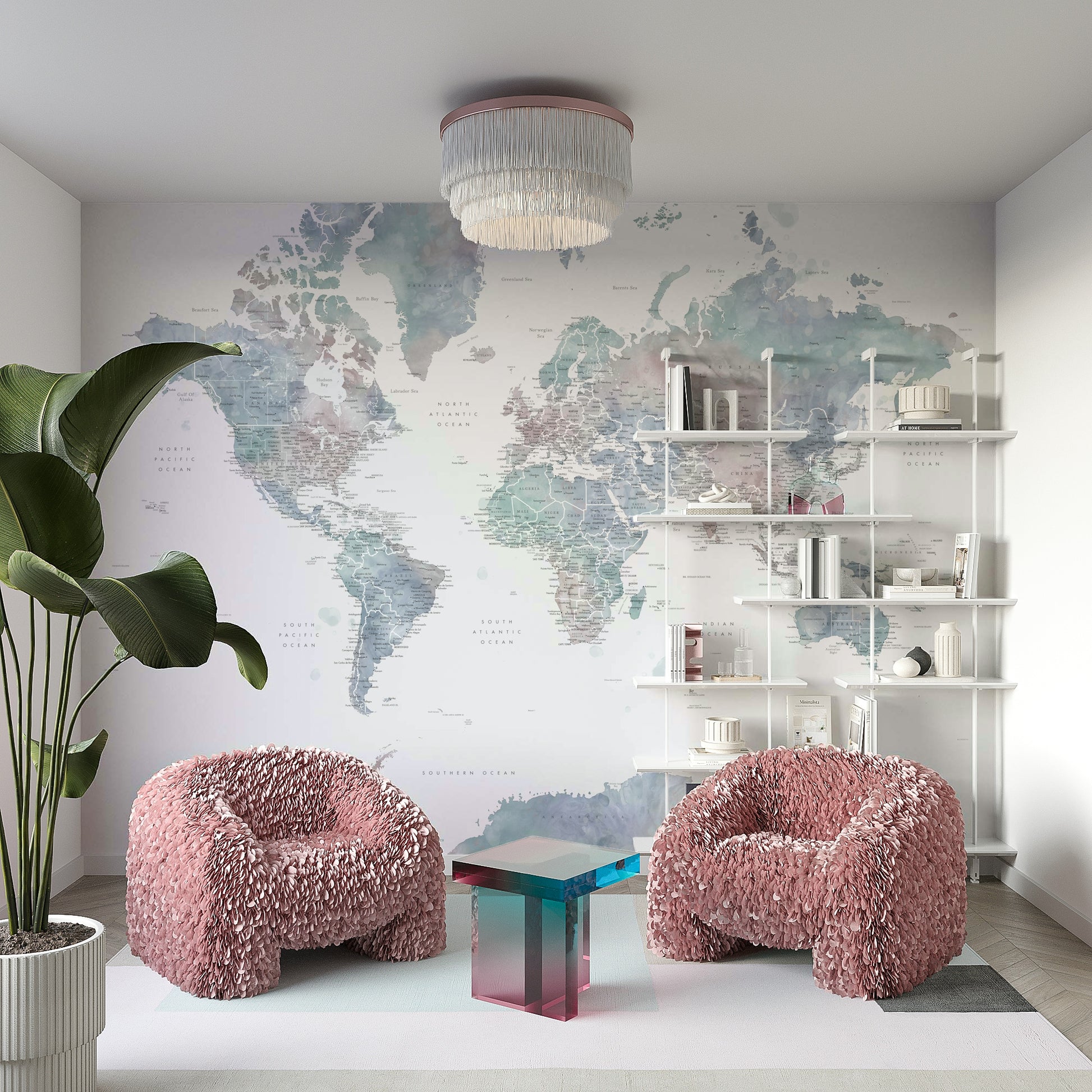 Subtle watercolor world map mural in dusty blue

