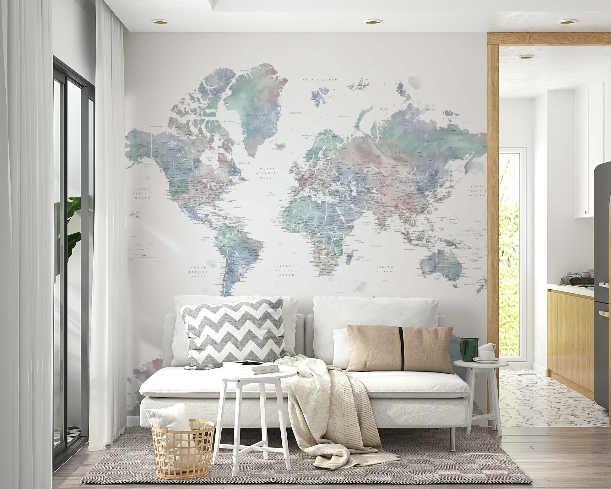 Elegant world map in muted blue watercolor tones

