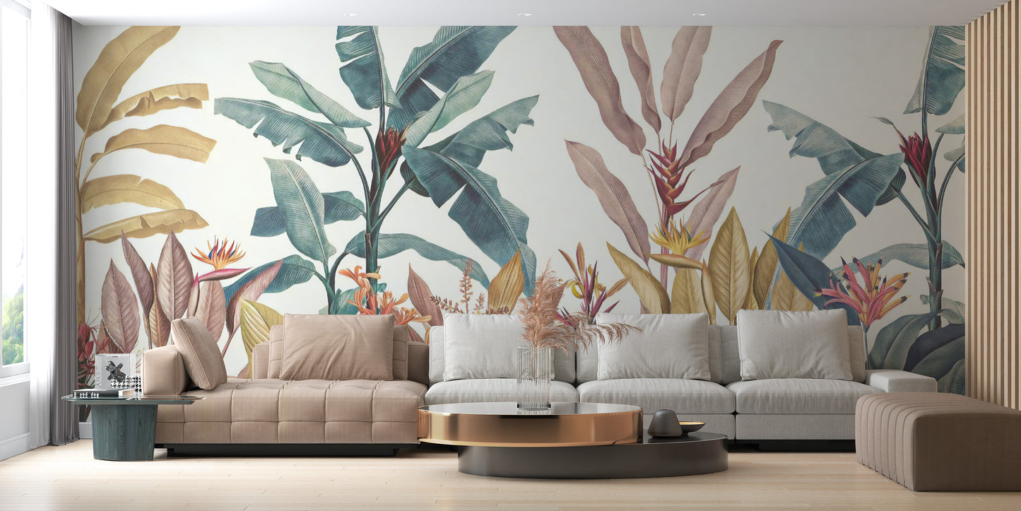 Dusty Pink Green Tropical Wallpaper Mural - Giffywalls