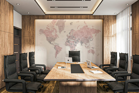 Dusty pink world map wallpaper for elegant interiors

