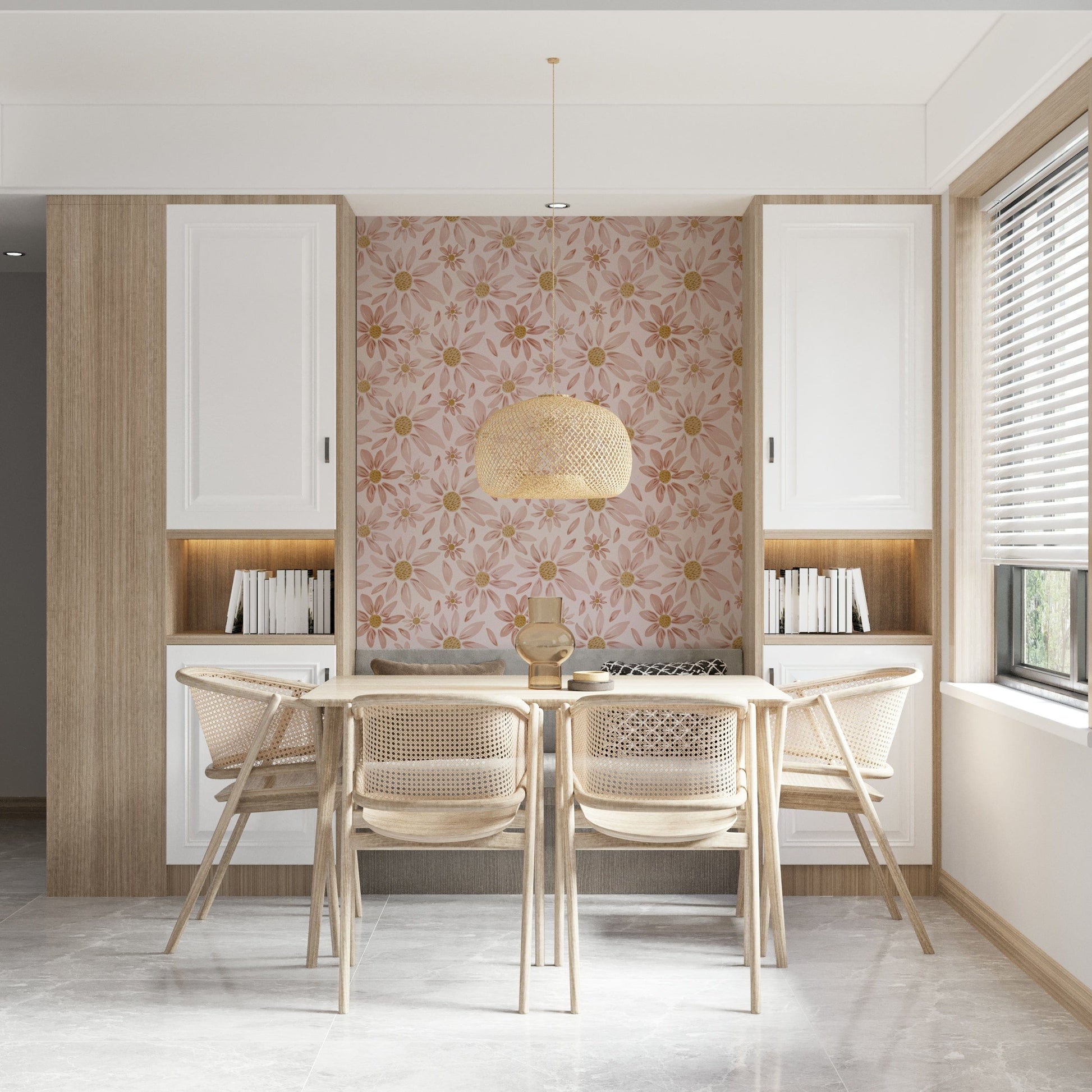 Decorative floral wallpaper featuring dusty rose blooms in varying sizes with textured watercolor strokes.
