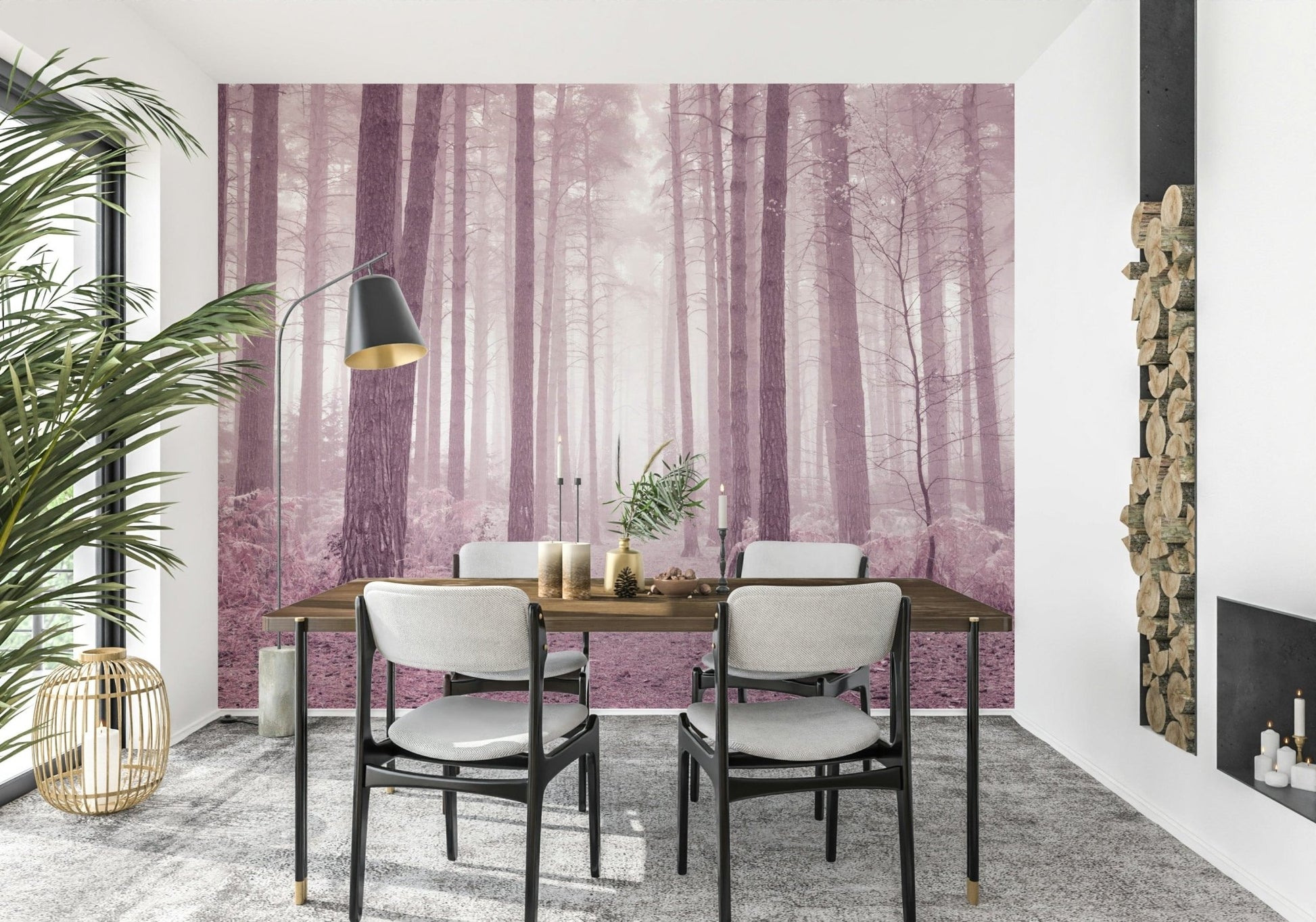 Soft focus Rose Forest pine wall mural dreamy pink tones.