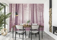 Soft focus Rose Forest pine wall mural dreamy pink tones.
