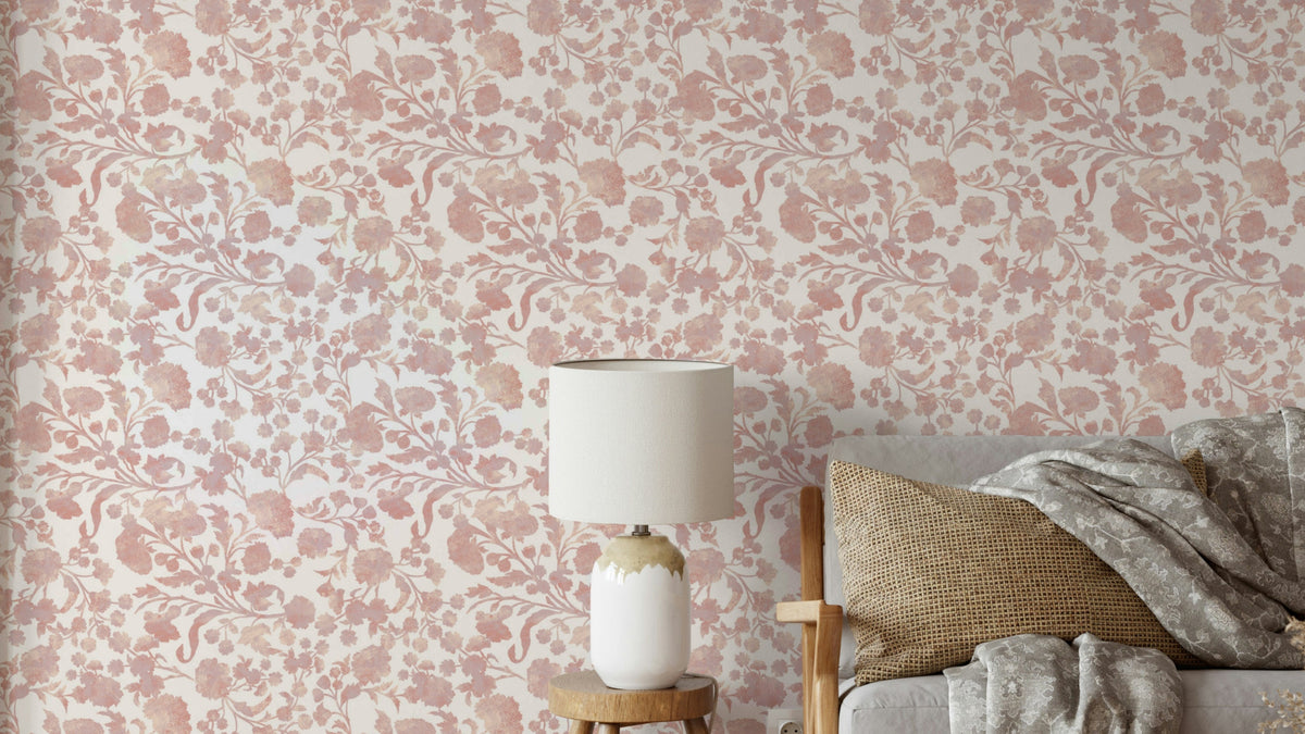 Dusty rose garden wallpaper with vintage florals


